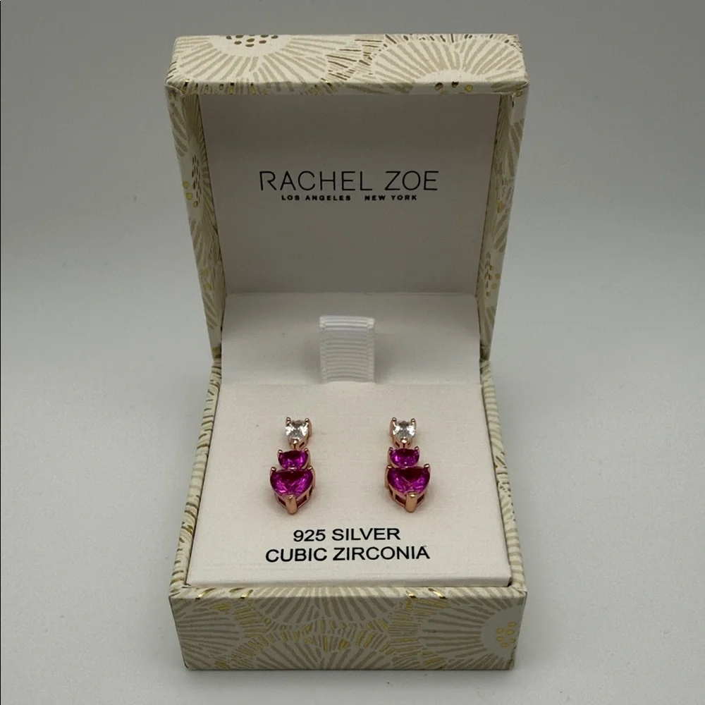 Rachel Zoe 925 Silver Pink Heart Cubic Zirconia Dangle Earrings Gift Boxed